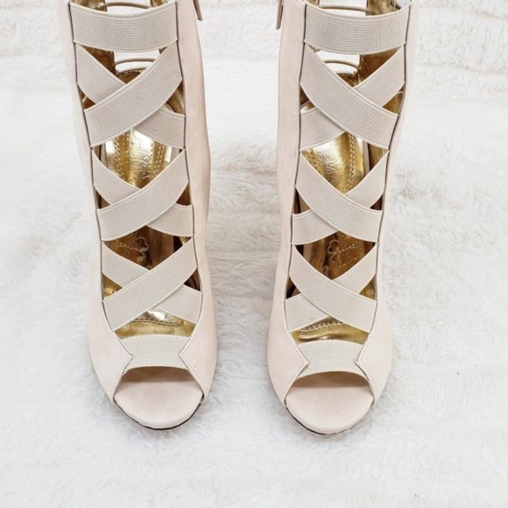 * Mona Mia Nude Peep Toe Wide Elastic Straps 4 3/4" Stiletto Heel Ankle Boots - Picture 3 of 9